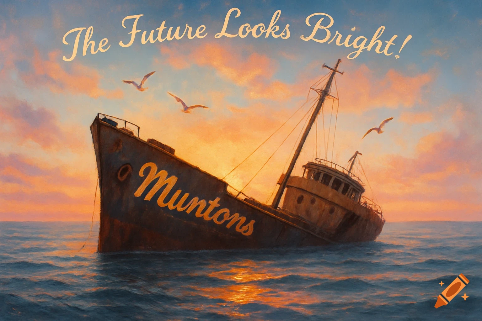 Painting of a half-sunken ship named 'Muntons' in the ocean at sunset, with seagulls and the text 'The Future Looks Bright!'.