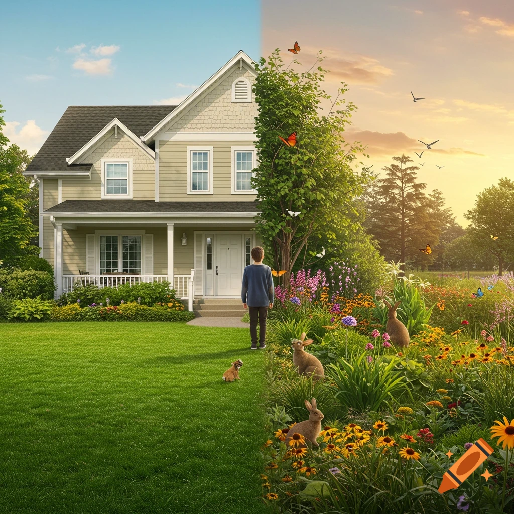 A split image shows a house with a green lawn on the left and a vibrant wildflower garden with bunnies and butterflies on the right. A person stands facing the garden.