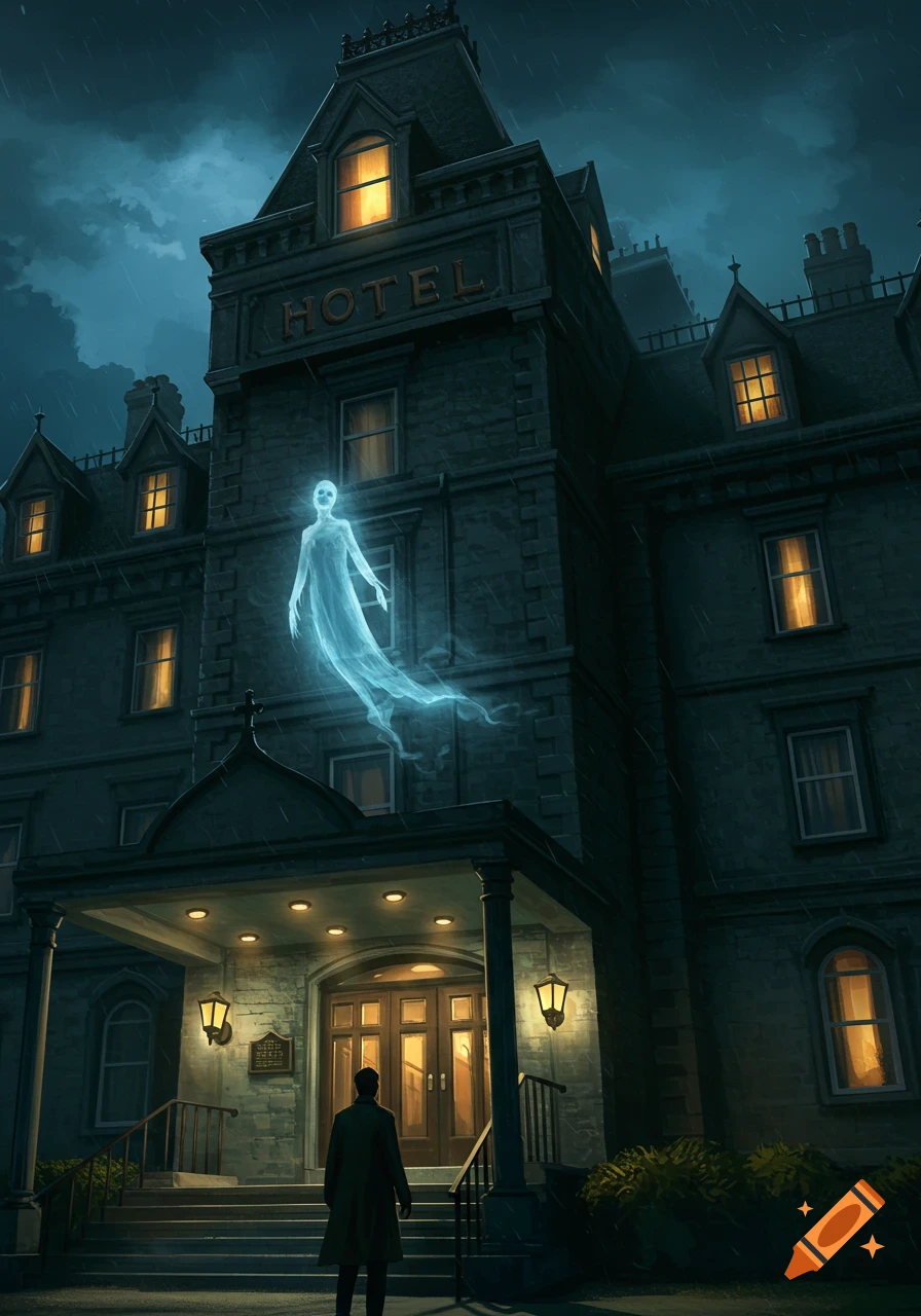 A man stands outside a dark, gothic haunted hotel with glowing windows, looking up at a luminous ghost floating near a window in the rain.
