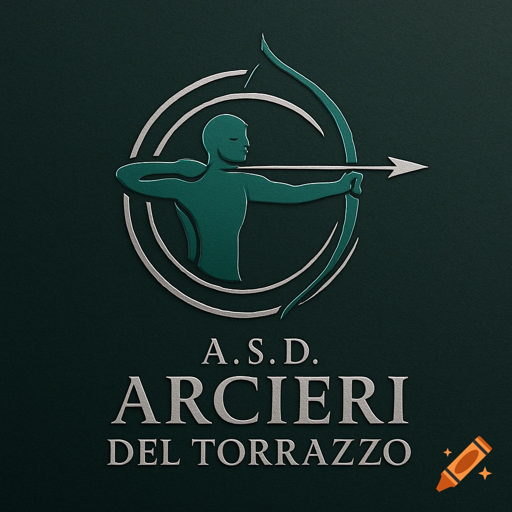 A dark green logo features a teal archer with a bow and arrow, encircled by silver lines. Below the illustration, the text "A.S.D. ARCIERI DEL TORRAZZO" is displayed in silver capital letters, all on a textured dark green background.