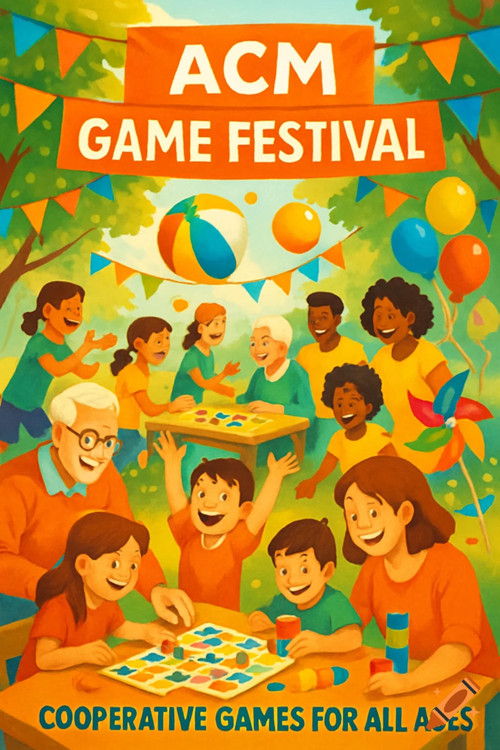 Vibrant illustration of a multi-generational group playing board games at an ACM Game Festival outdoors, with banners and balloons.