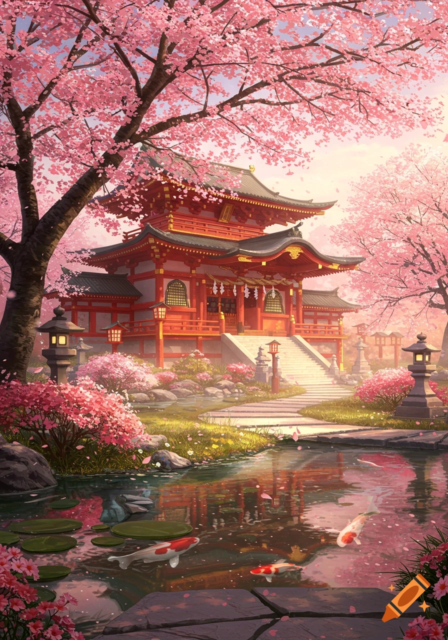 A vibrant digital painting of a red Japanese shrine amidst pink cherry blossoms, with a pond featuring koi fish.