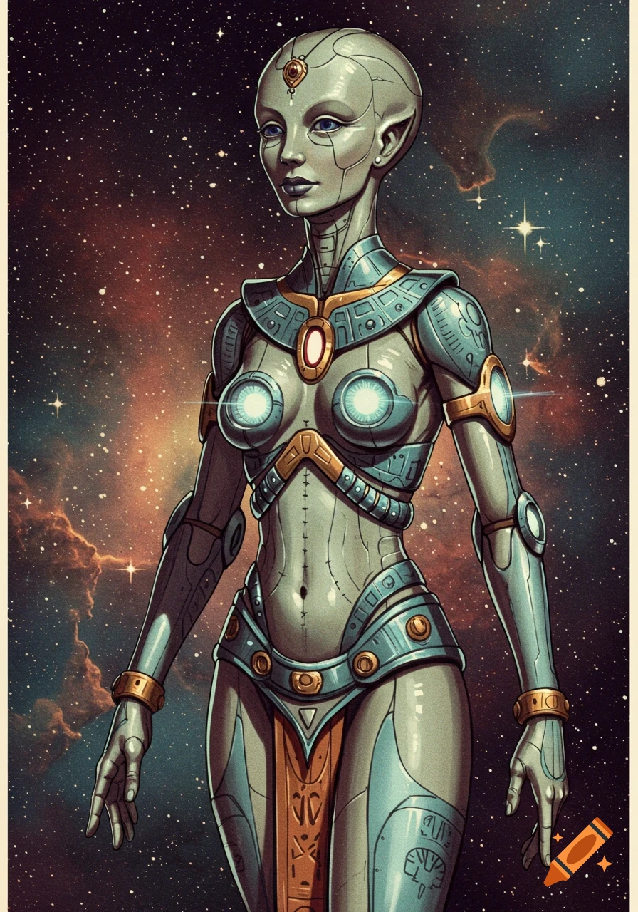 A humanoid female alien cyborg with gray skin, blue eyes, and blue and gold armor stands in a starry galaxy, retro sci-fi illustration.