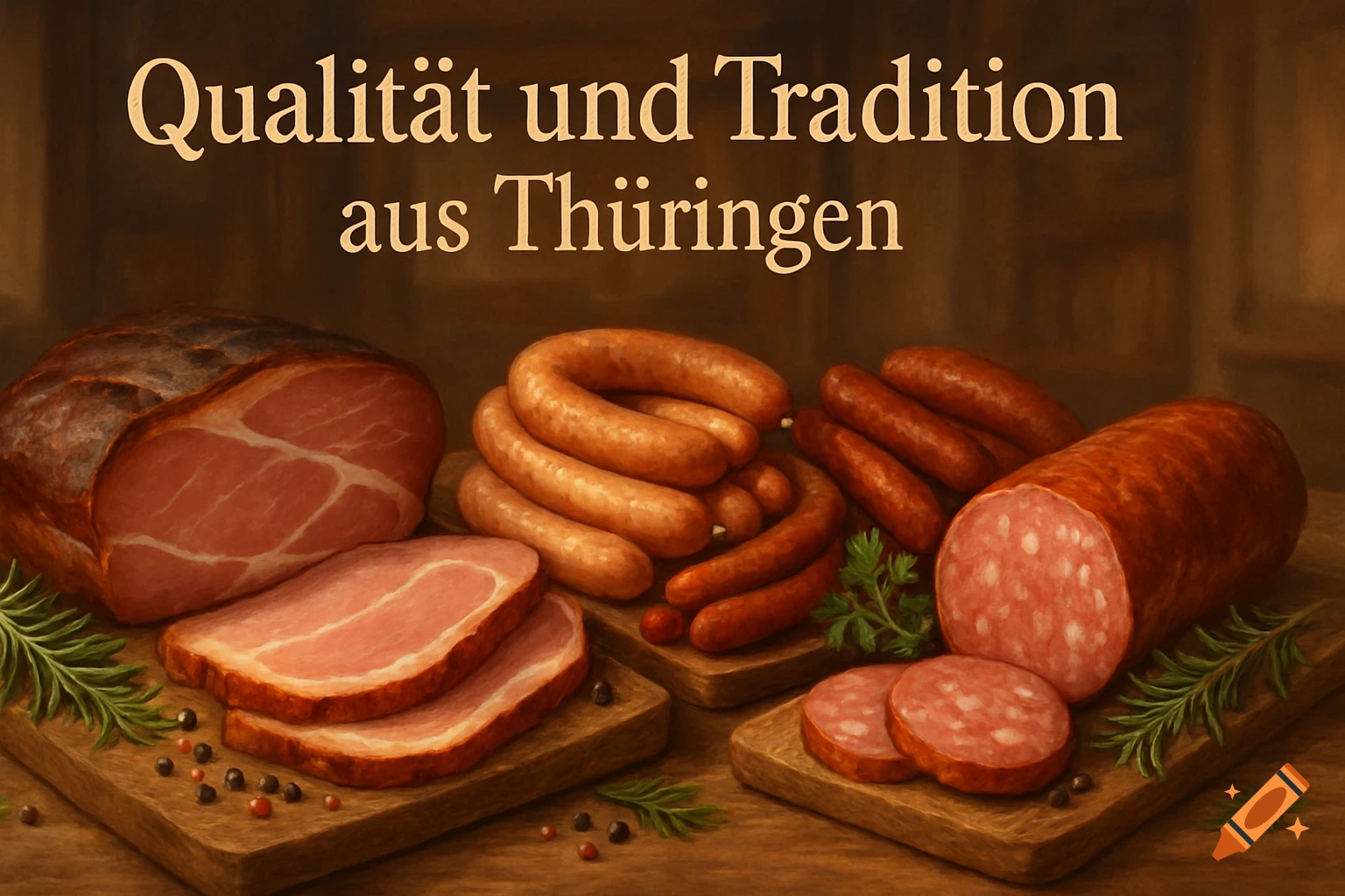 An array of ham, coiled sausages, and salami on wooden boards, garnished with herbs and peppercorns. Text reads 'Qualität und Tradition aus Thüringen'.