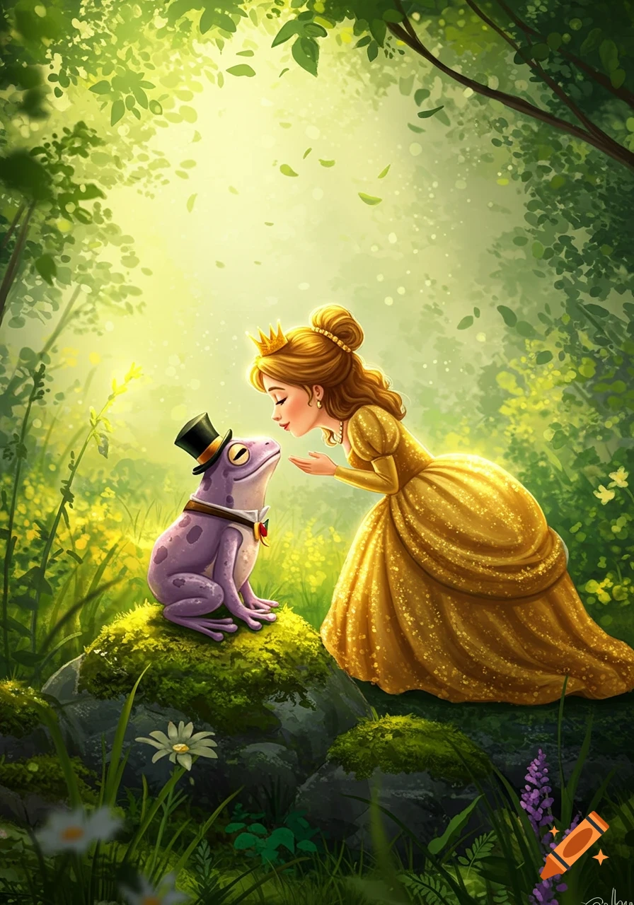 A princess in a golden gown leans down to kiss a purple frog wearing a top hat and bowtie, in a sun-dappled green forest.