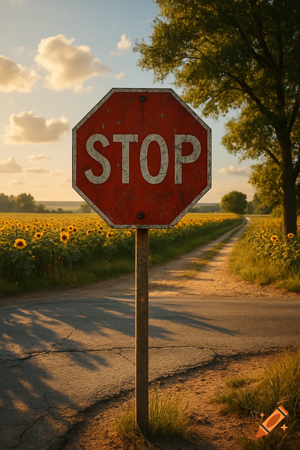 A weathered red stop sign stands on a dirt road beside a vibrant sunflower field under a golden sunset sky.