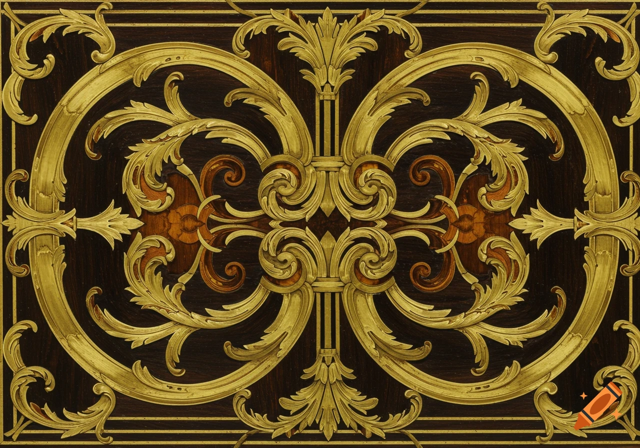 Ornate gold baroque scrolls and leaf patterns on a dark wood marquetry background.