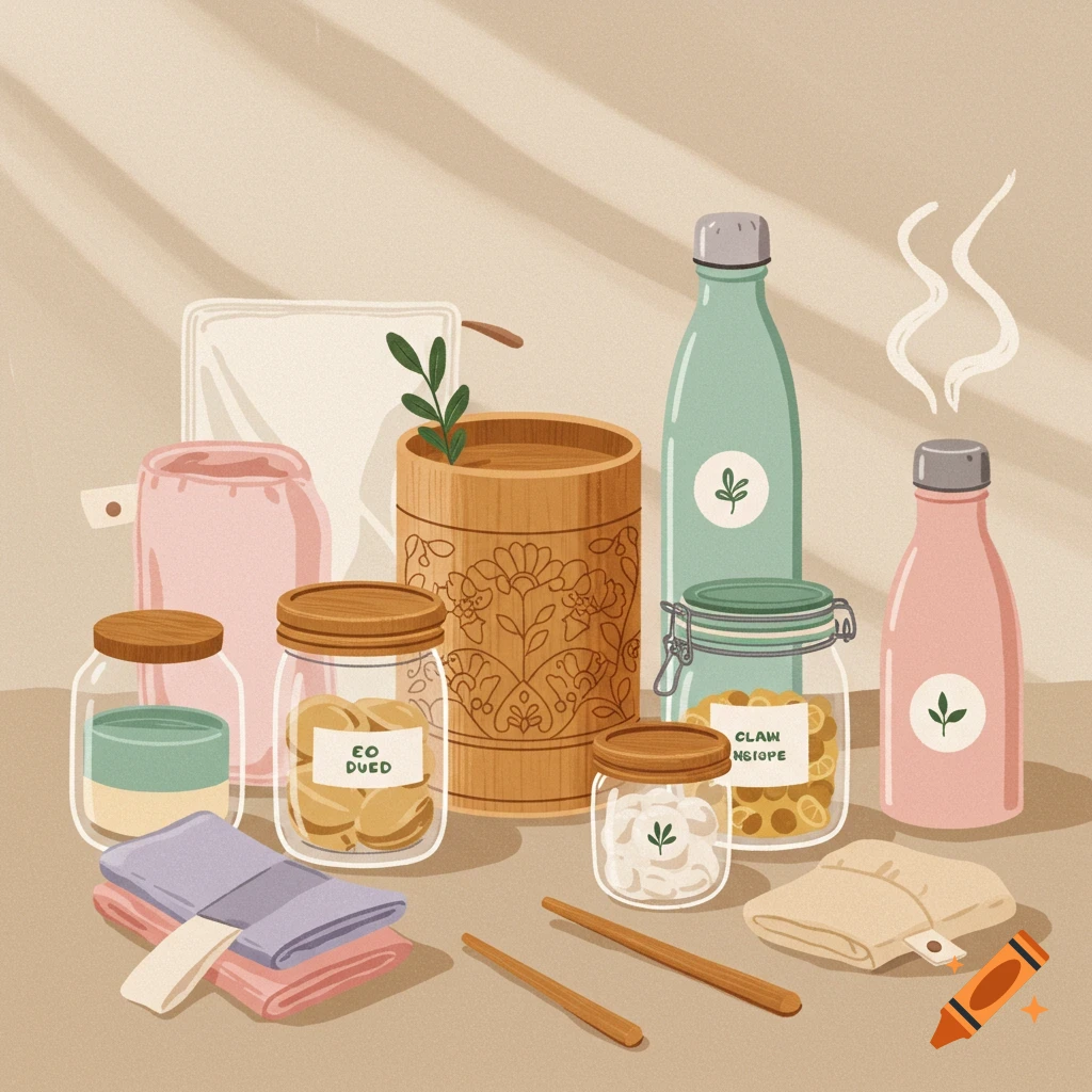 A digital art illustration of various eco-friendly reusable household products like glass jars, bottles, and cloth bags.