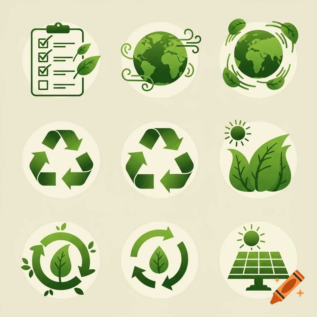 A grid of nine green eco-friendly icons, including the Earth, recycling symbols, leaves, a checklist, and a solar panel.
