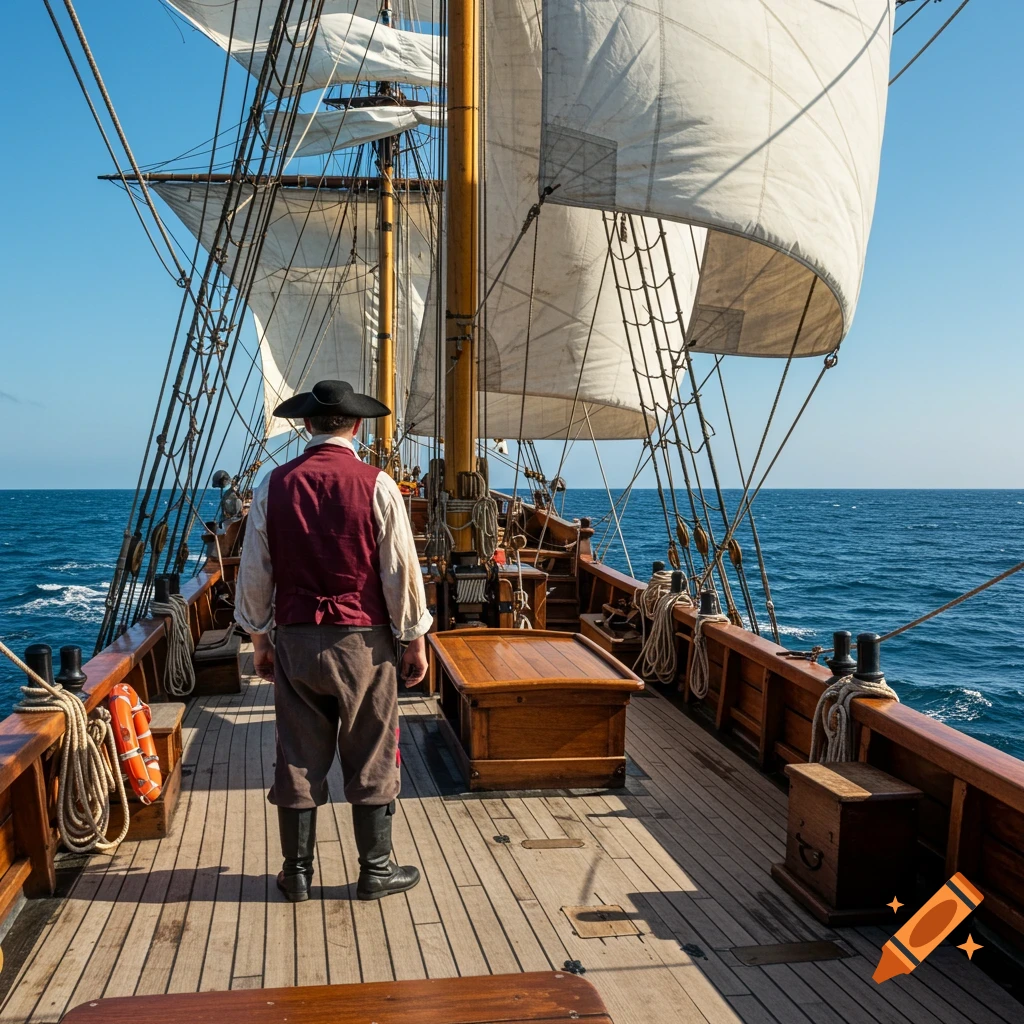 A person in a black hat and maroon vest stands on the wooden deck of a classic sailing ship, gazing at the vast blue ocean under a clear sky.