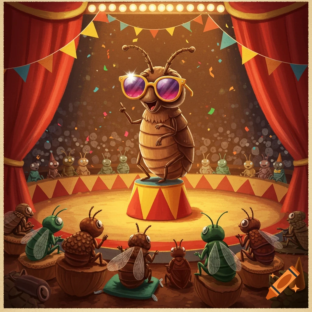 A cartoon flea with large pink sunglasses stands on a podium in a circus ring, performing for an audience of other stylized insects.
