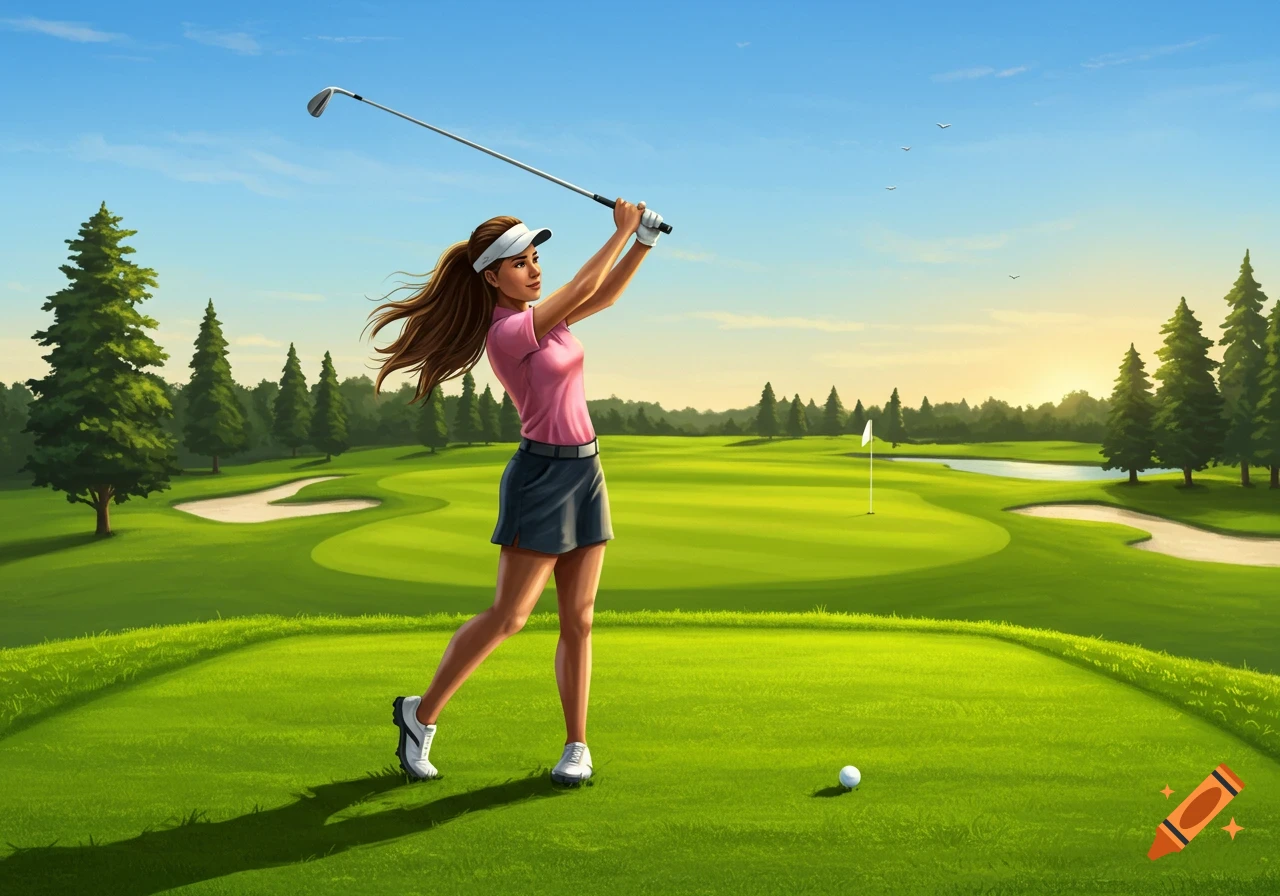 Illustrated woman in a pink shirt and visor mid-golf swing on a sunny green golf course with trees and water.