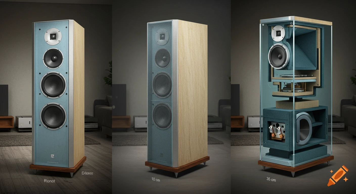 Photorealistic image of a high-end luxury floorstanding speaker shown in three views: front, angled, and a detailed cutaway revealing internal components.