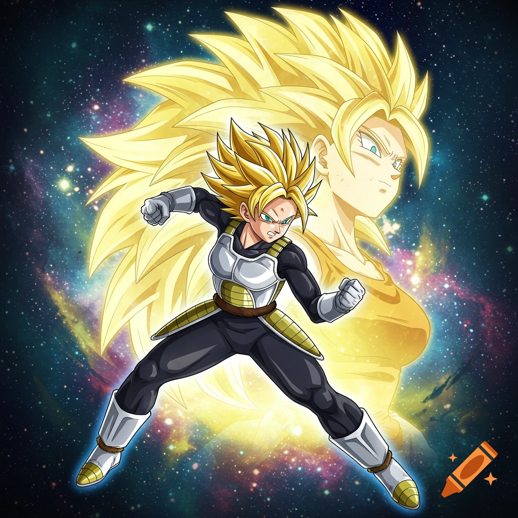 Anime illustration of a female Saiyan warrior in a battle stance, with a larger, faded Super Saiyan version in a cosmic background.