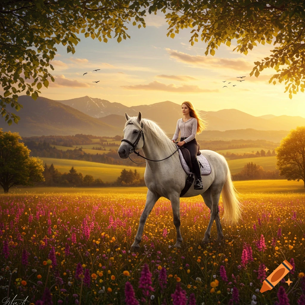 A woman with long red hair rides a white horse through a field of colorful wildflowers at sunset, with mountains in the background.