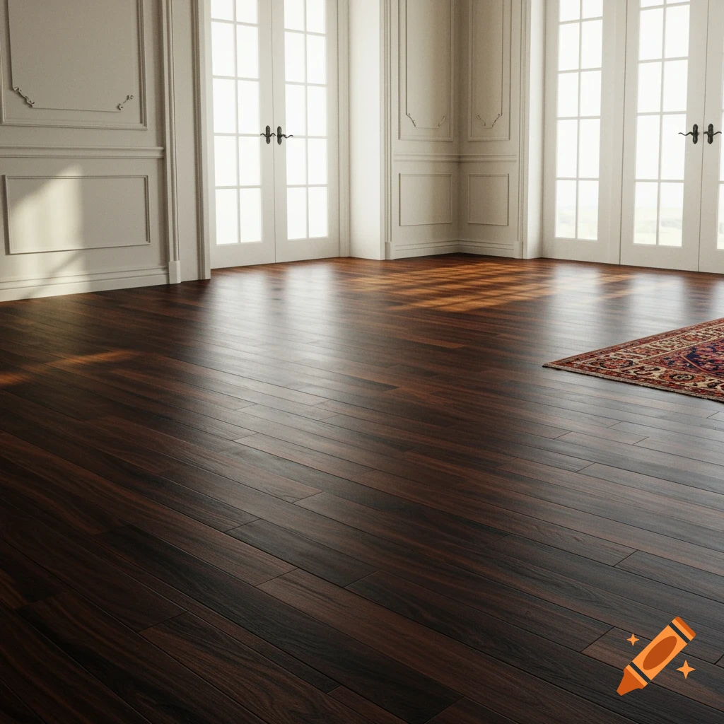 A spacious room with dark wooden floors, white paneled walls, and multiple French doors, with sunlight casting patterns on the floor and a rug in the corner.