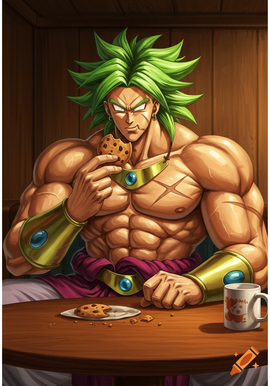 A muscular anime character with green spiky hair, Broly, sits at a wooden table and eats a chocolate chip cookie, with a mug nearby.