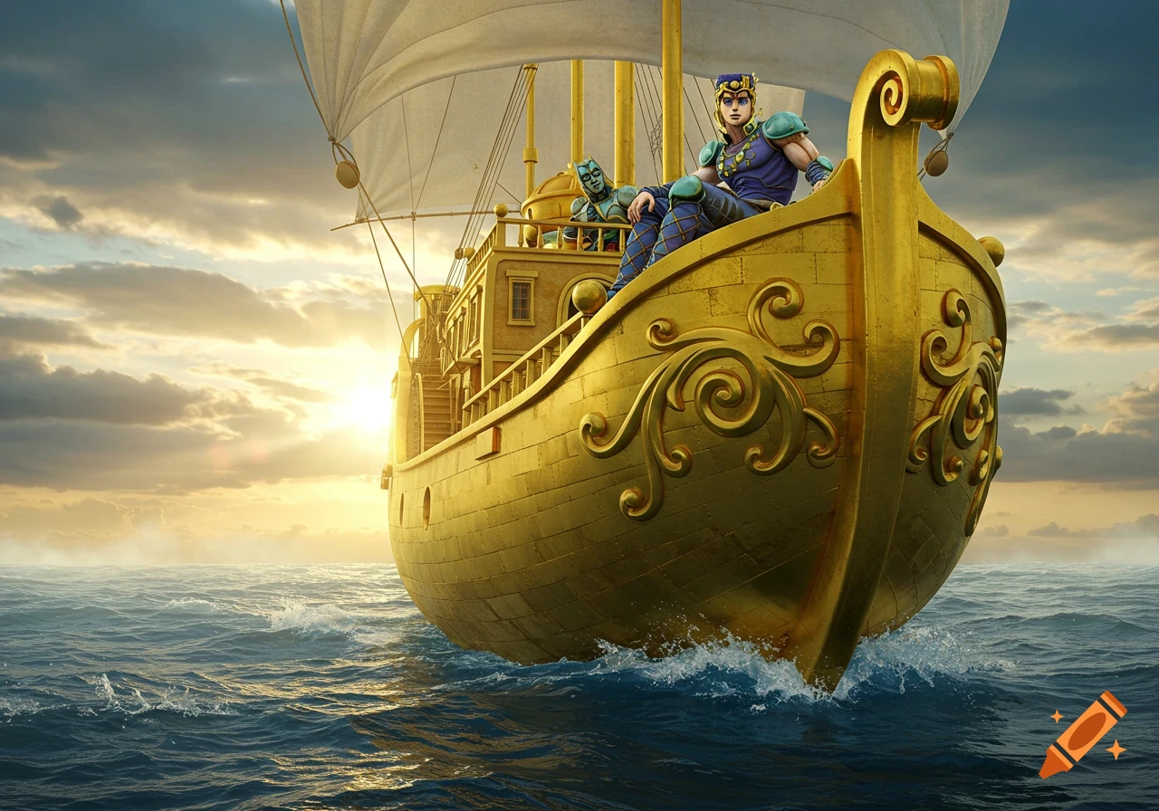 Johnny Joestar and a character on a golden ship sailing on choppy seas at sunset, in the distinct JoJo anime style.