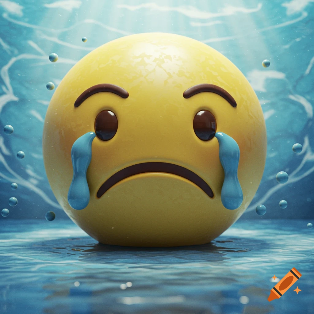 3D render of a crying yellow emoji with a sad frown, sitting in blue water with light rays and bubbles.