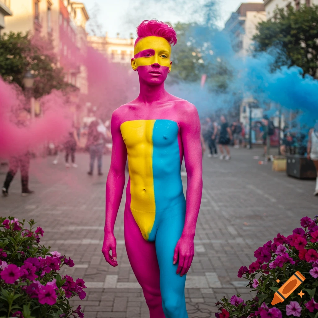 A person body-painted in the pink, yellow, and blue colors of the Pansexual flag stands in a street amidst pink and blue smoke.