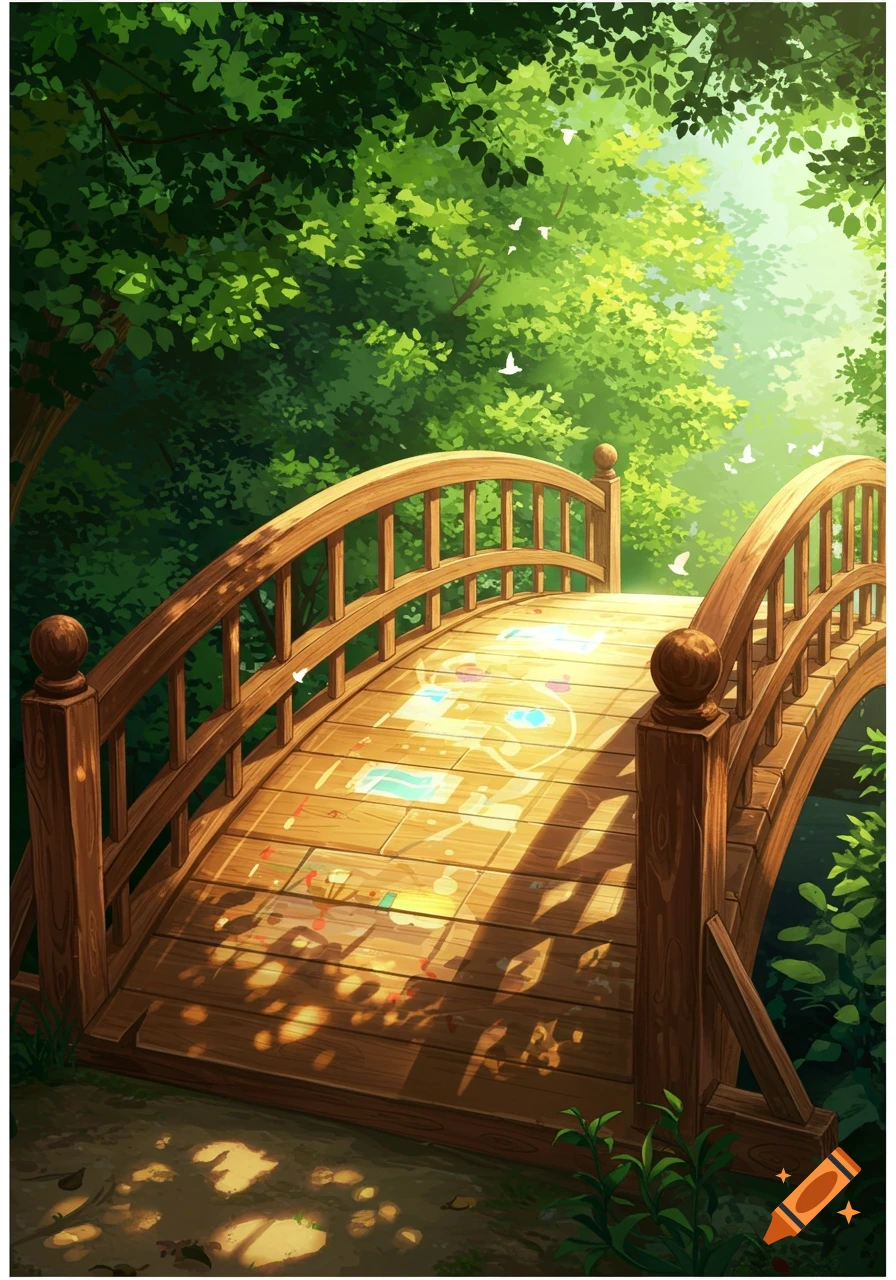 Anime illustration of a wooden arch bridge in a lush green sunlit forest, with colorful patterns on its wooden floor.