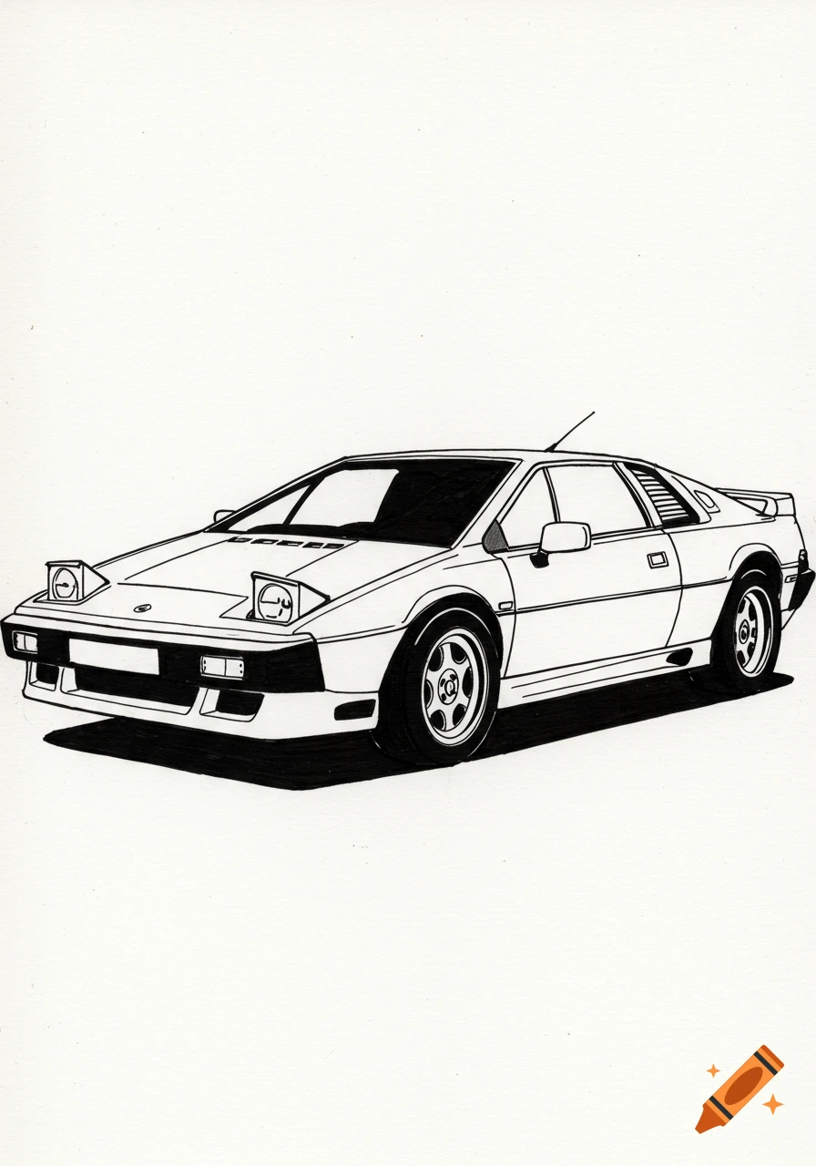 A black and white simple line drawing of a 1987 Lotus Esprit car, viewed from the front-quarter angle.