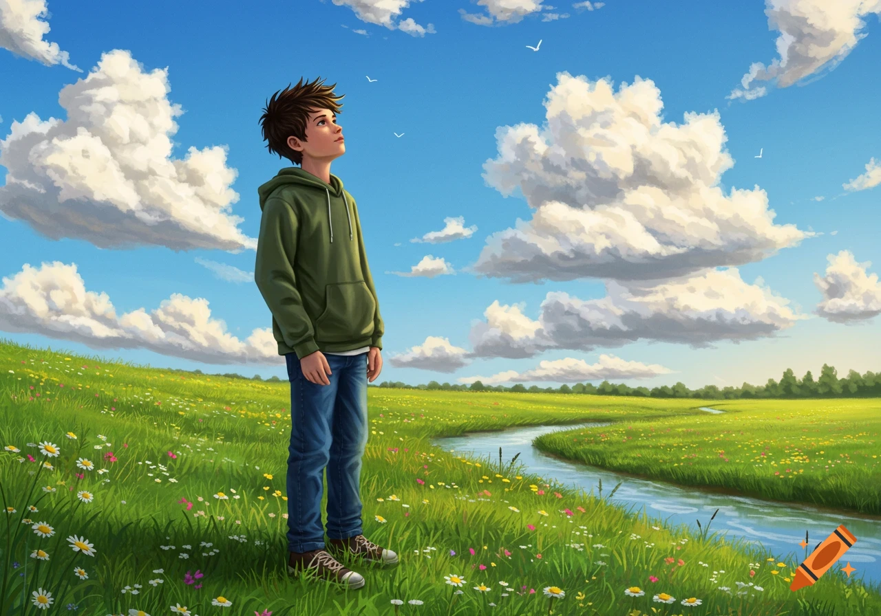 Illustrated teen boy in a green field with a river, looking up at a blue sky with white clouds.