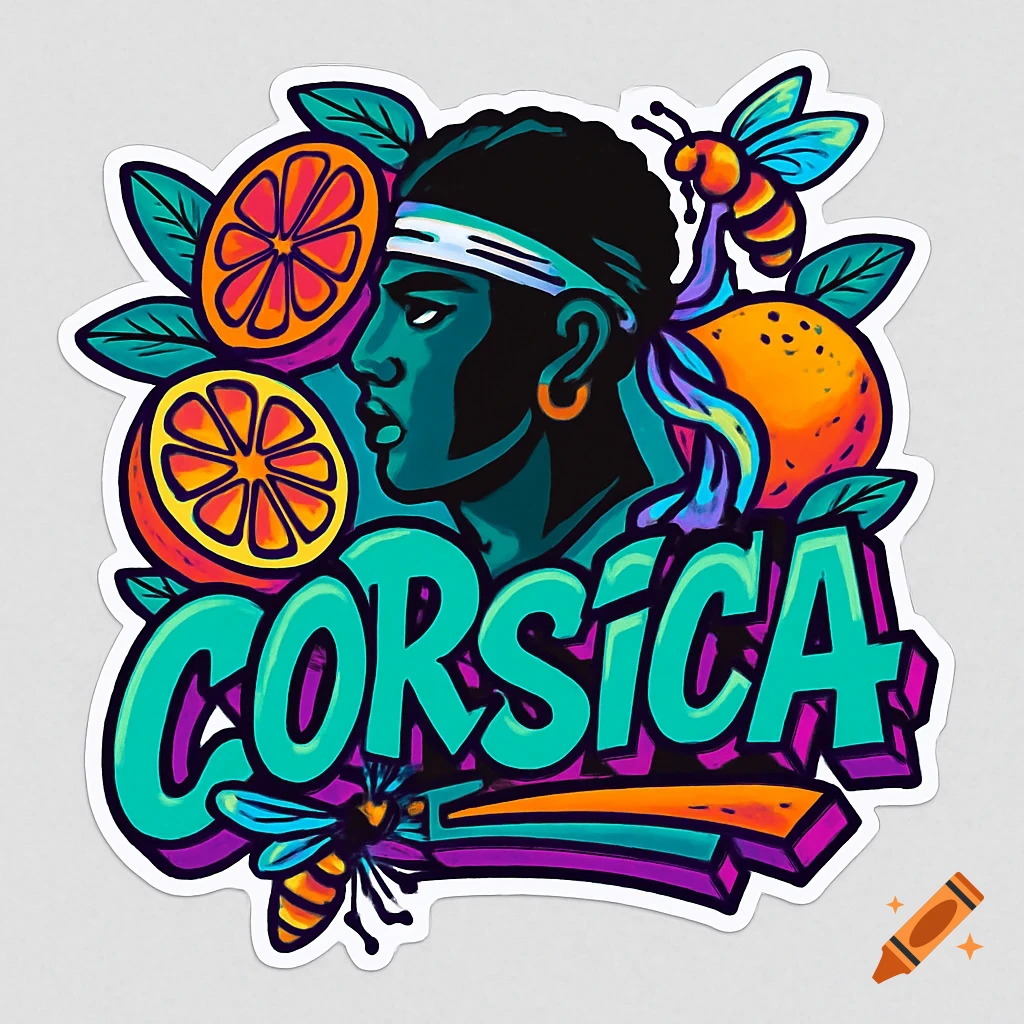 A colorful sticker features a stylized dark-skinned man with a headband, oranges, bees, and the word CORSICA in bold 3D graffiti text. The style is vibrant, pop art, and street art inspired.