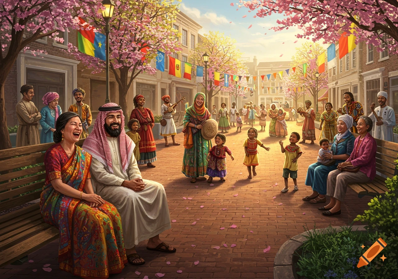 A bustling town square filled with diverse people, including families and children, celebrating peacefully under cherry blossom trees with flags and banners. A couple laughs on a bench in the foreground.