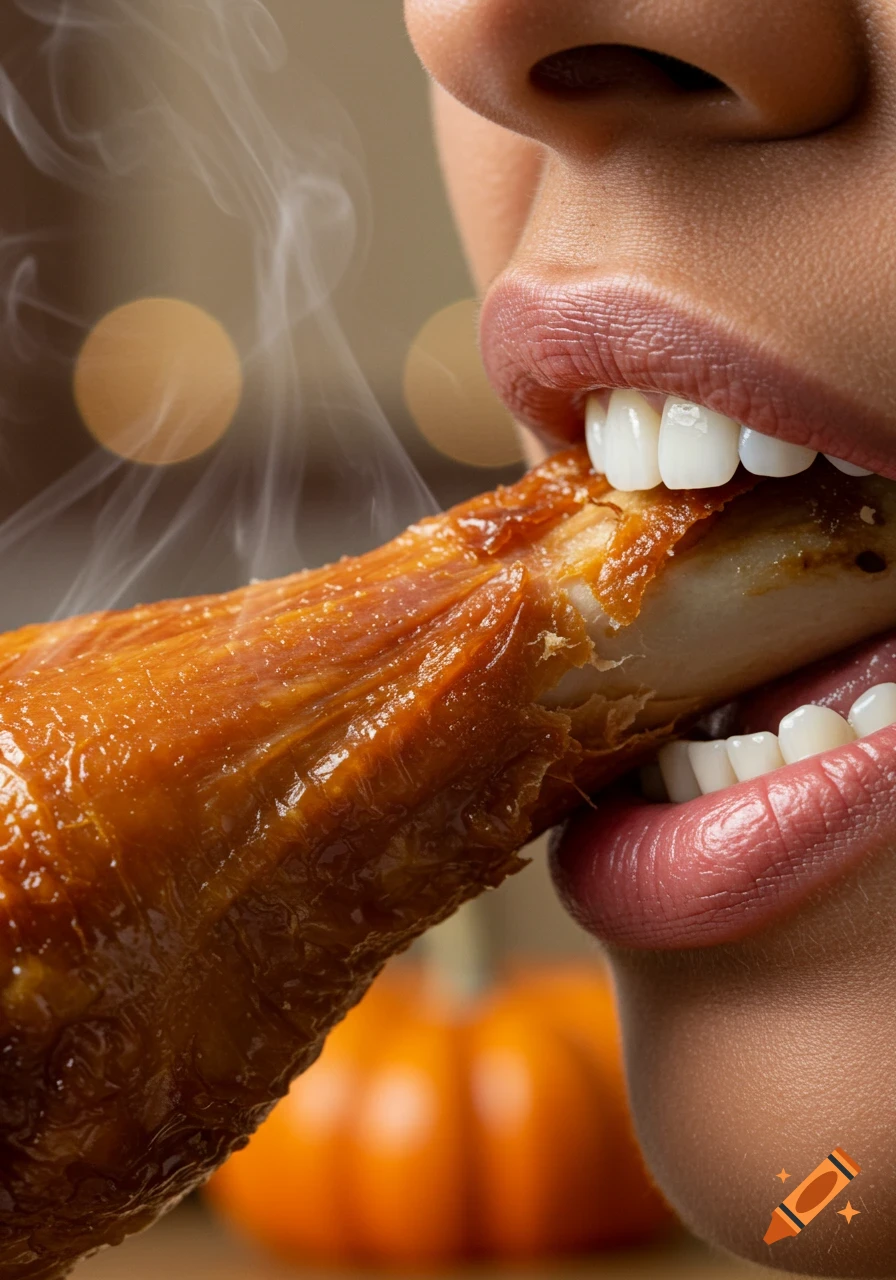 Close-up of a person's mouth biting into a steaming, golden-brown turkey leg, with a blurred pumpkin in the background, photorealistic.