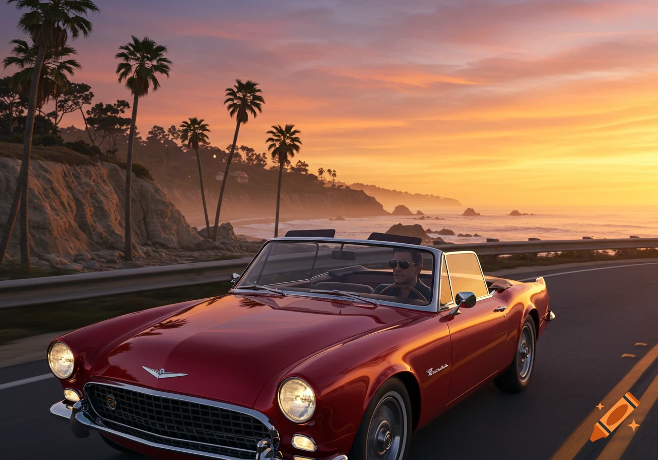 A man drives a red convertible along a coastal road at sunset with palm trees and the ocean in the background.