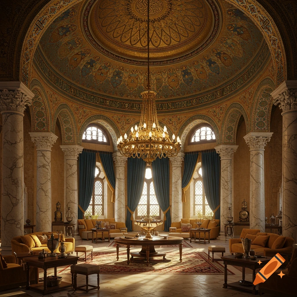 A lavish palace interior features a high, ornately decorated domed ceiling, a large gold chandelier, and marble columns. Golden sofas and wooden tables with decor are arranged on a patterned rug, bathed in sunlight from arched windows with blue curtains.