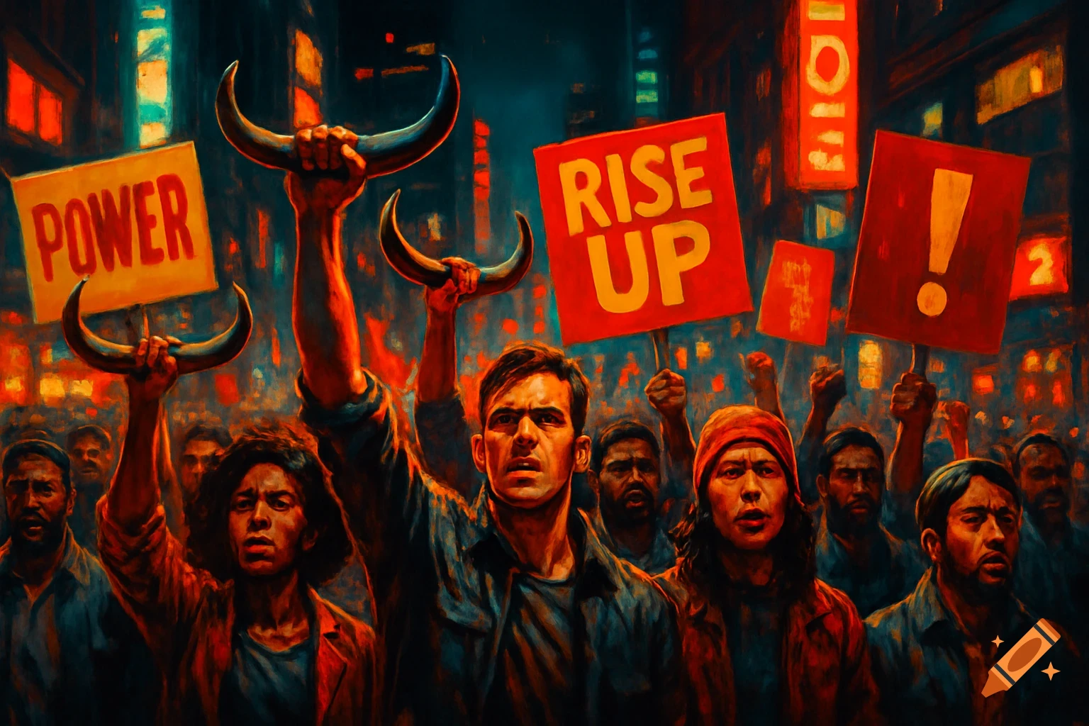 A crowd of people holds up bull horns and protest signs that read 'POWER' and 'RISE UP' in a dimly lit city street, in a painterly style.