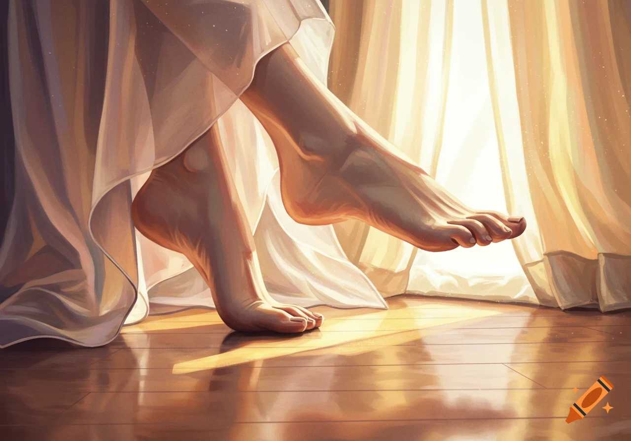Close-up of bare feet and legs draped in sheer fabric, illuminated by warm light on a polished wooden floor.