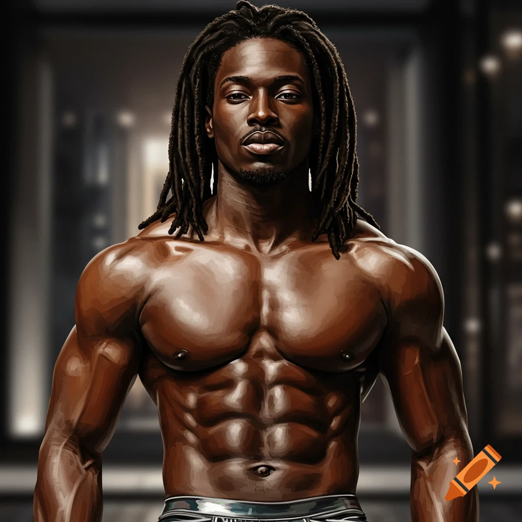 A muscular Black man with long dreadlocks and a defined physique stands shirtless, looking directly at the viewer.
