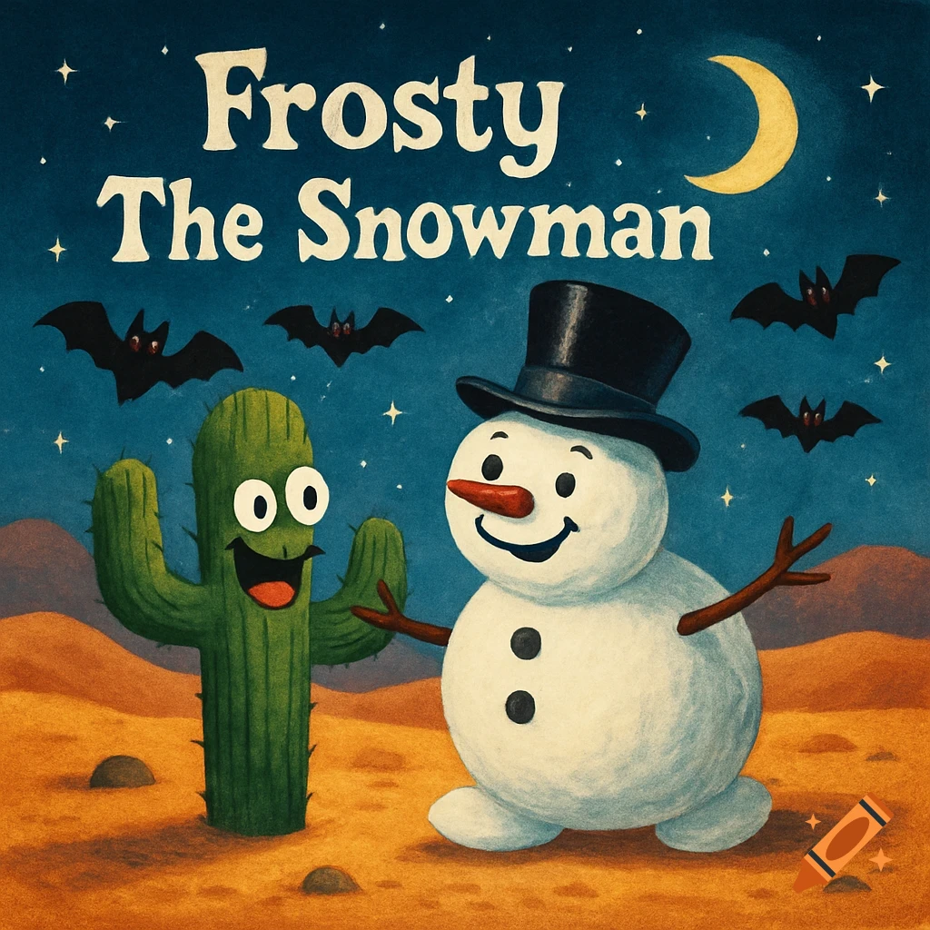 Cartoon illustration of Frosty the Snowman in a top hat and a smiling cactus in a desert at night, with a crescent moon and bats.