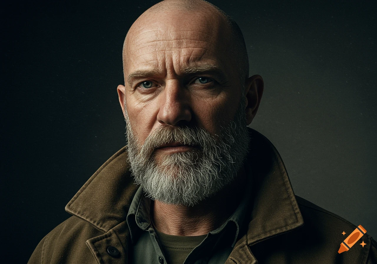 Close-up realistic portrait of a bald man with a grey beard, wearing a brown jacket, looking intently at the viewer.