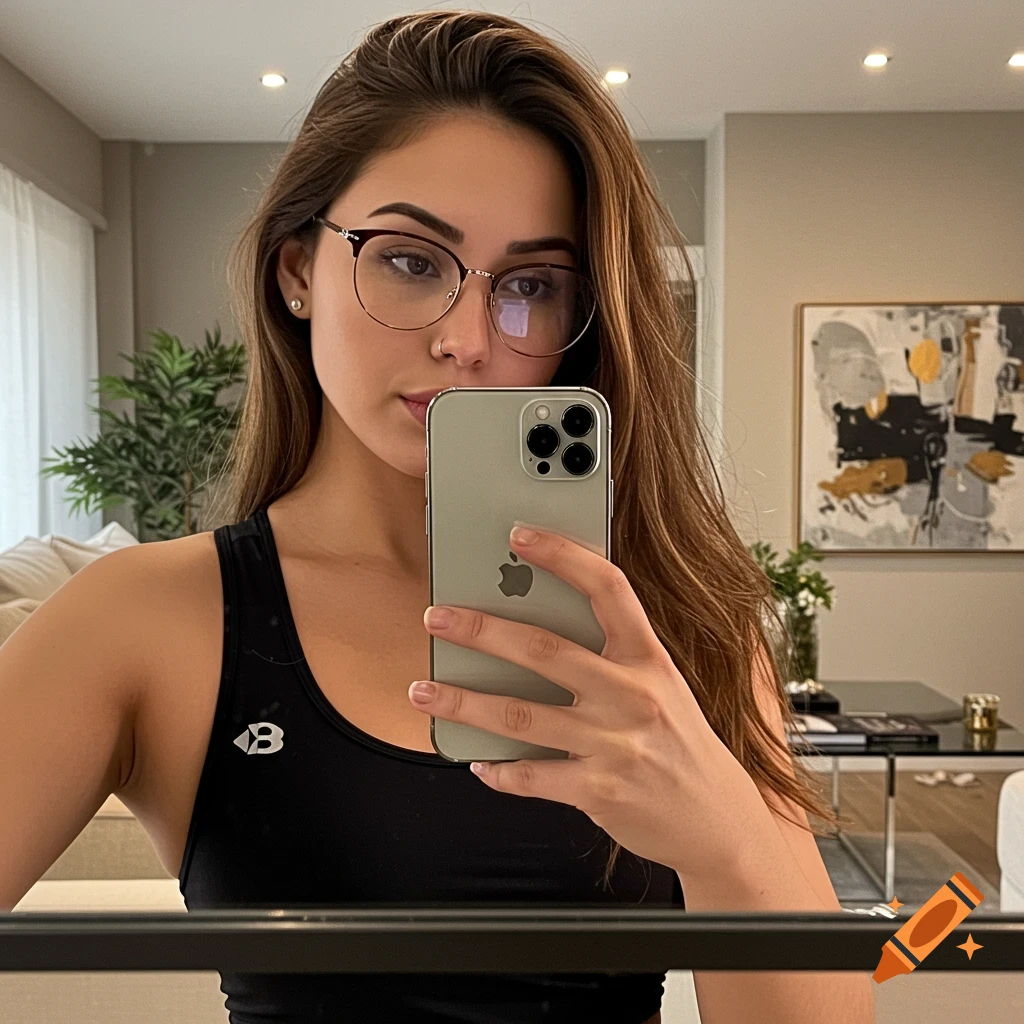 A young woman with long chestnut hair and glasses takes a mirror selfie in a black athletic top, holding an iPhone 15 Pro Max in a modern apartment.