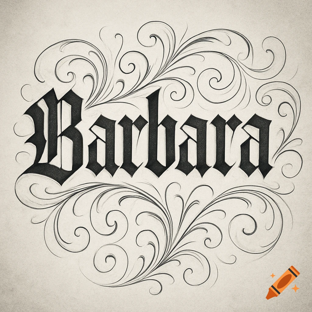 Stylized black Fraktur script of the name 'Barbara' surrounded by elegant swirling ornaments on a light parchment background.