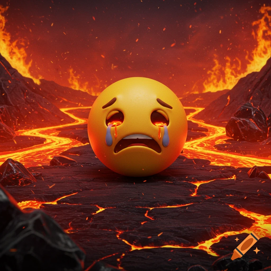 A crying emoji with lava tears in a fiery, hellish landscape with rivers of lava and volcanic eruptions in the background.