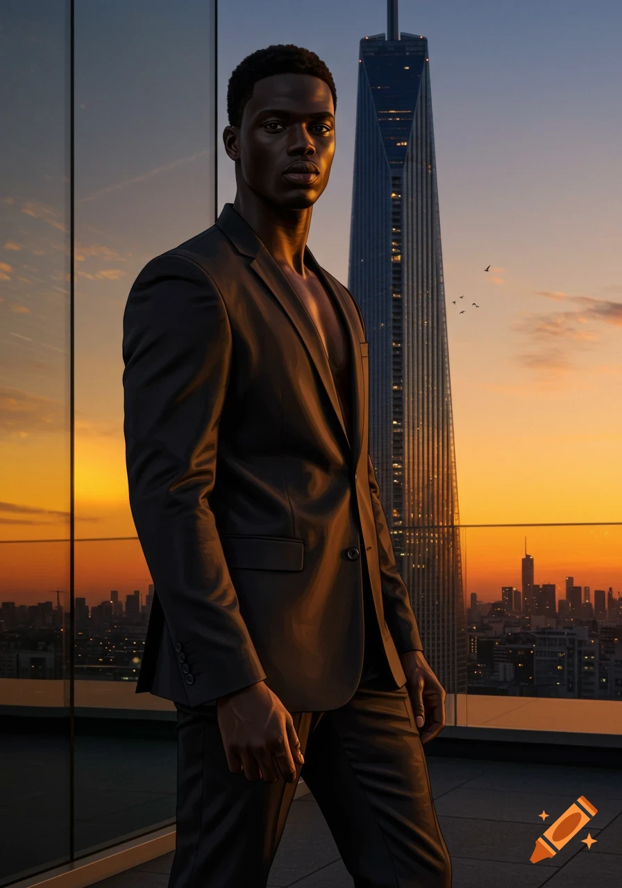 Photorealistic portrait of a Black male model in an open suit jacket on ...