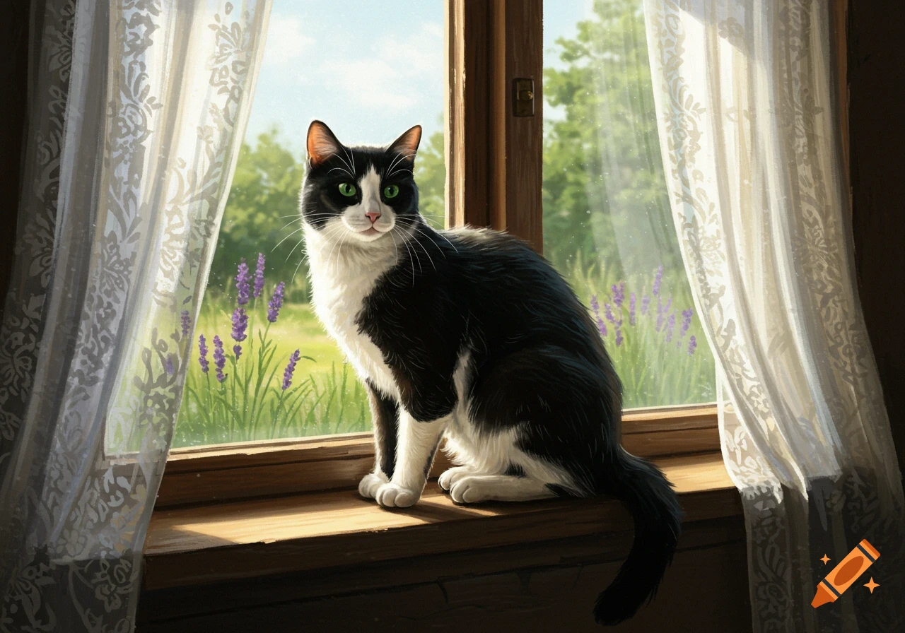 A black and white cat with green eyes sits on a wooden windowsill, looking out at a sunny garden with lavender flowers. White lace curtains frame the window.