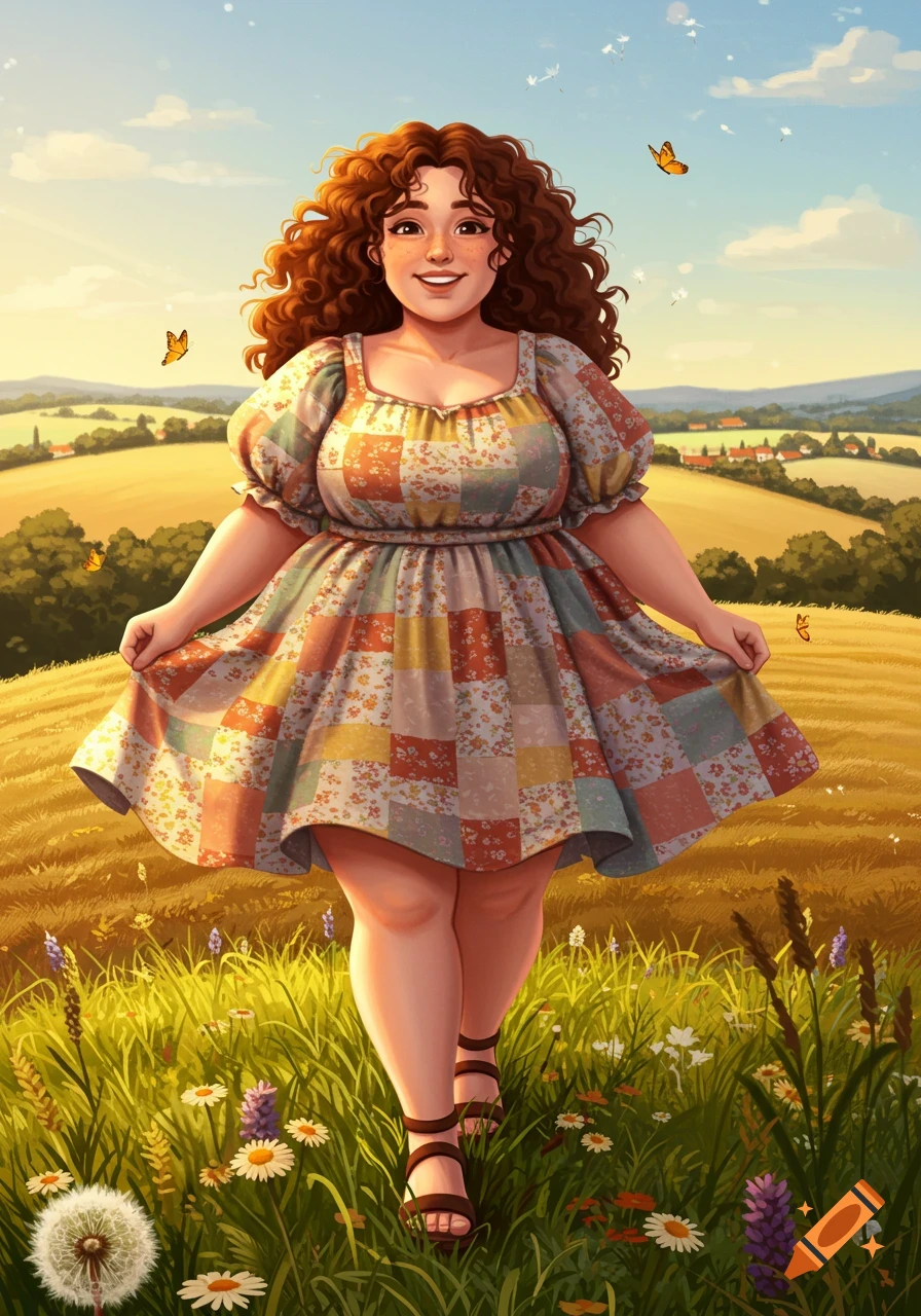 An illustration of a smiling woman with curly brown hair in a patchwork ...