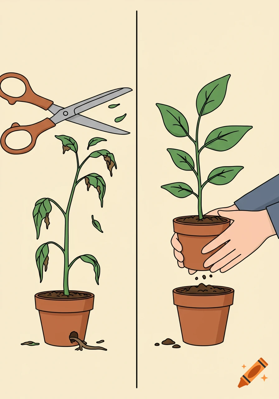 A cartoon split image shows on the left oversized scissors pruning dead leaves from a potted plant, and on the right, hands repotting a healthy plant.