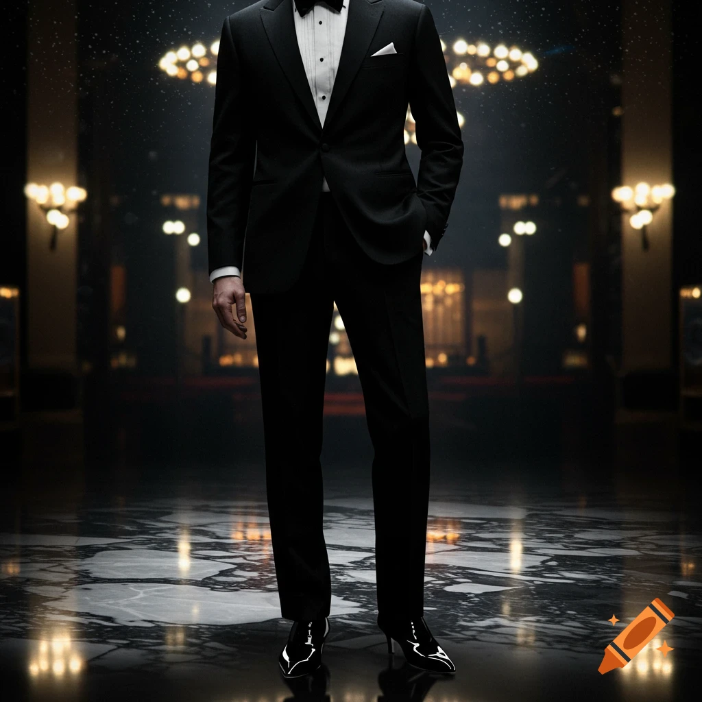 A man in a black tuxedo with a bow tie and high heels stands on a reflective marble floor in a dimly lit, elegant hall with glowing chandeliers.