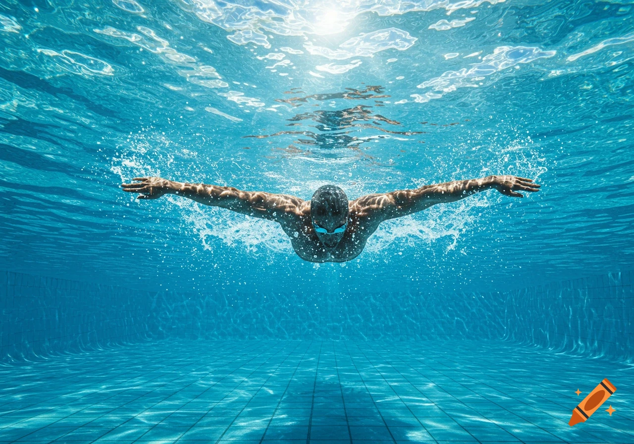 Photorealistic underwater shot of a person swimming the butterfly stroke in a blue pool with sunlight filtering through the surface.