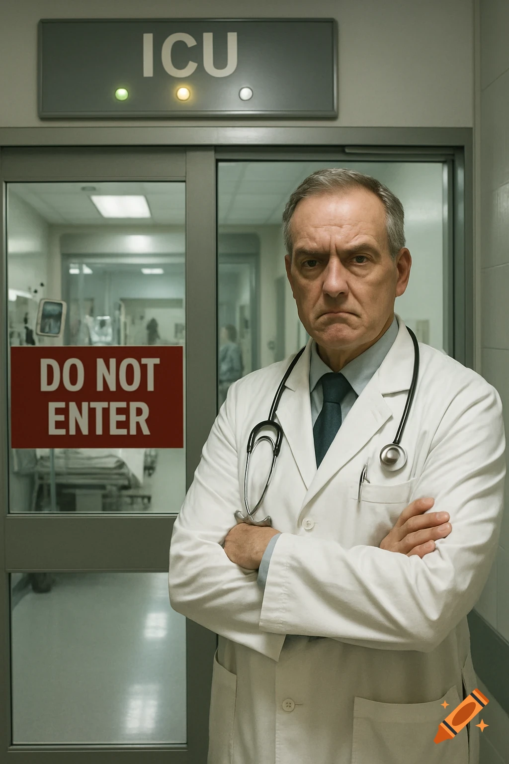 A serious-looking male doctor in a white lab coat and stethoscope stands with crossed arms in front of an ICU door with 'DO NOT ENTER' and 'ICU' signs.