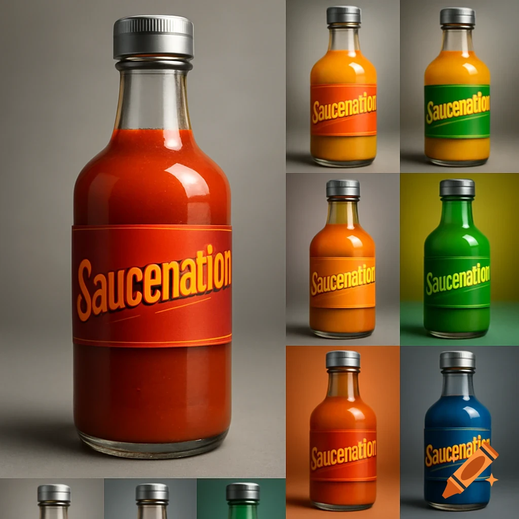 A grid of nine product shots featuring hot sauce bottles with 'Saucenation' labels, varying in sauce, label, and background colors.