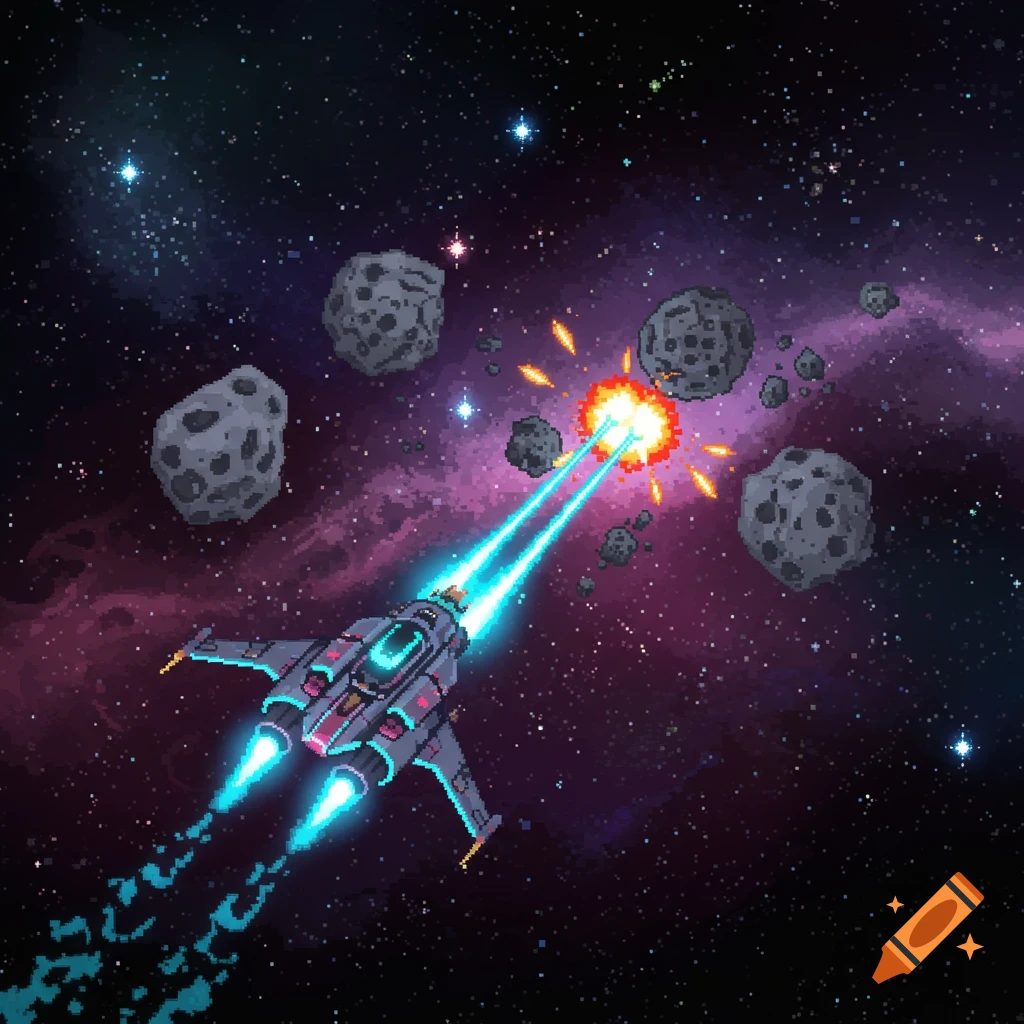 A pixel art spaceship shoots lasers at asteroids in a colorful cosmic space scene.