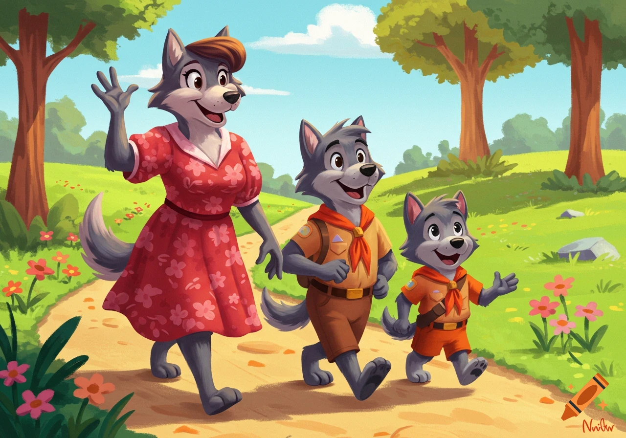 A smiling mother wolf in a red dress and her two wolf pups in scout uniforms walk on a path, waving, in Hanna-Barbera cartoon style.